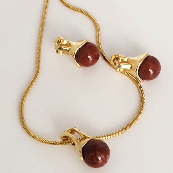 Red Jasper & Gold Tone Earrings & Necklace Set Snake chain 17" - Picture 1 of 12